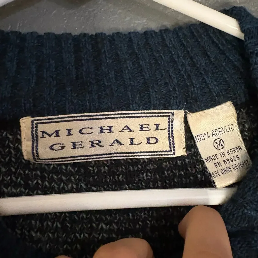 Vintage 90s Michael Gerald Knit Sweater Mens M  Green Geometric Grandpa Retro